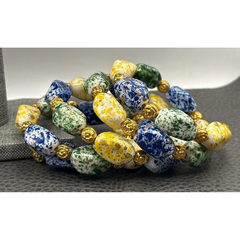 Vintage Speckled Beaded Bracelet Blue Yellow Green Rose Spacer Gold Tone